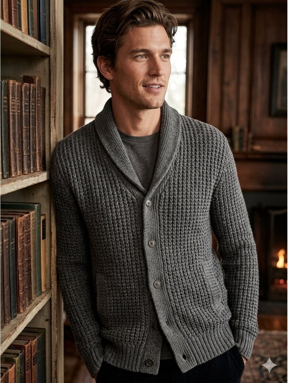 Banana Republic Gray Cotton Waffle Stitch Shawl Collar Cardigan Sweater Men S